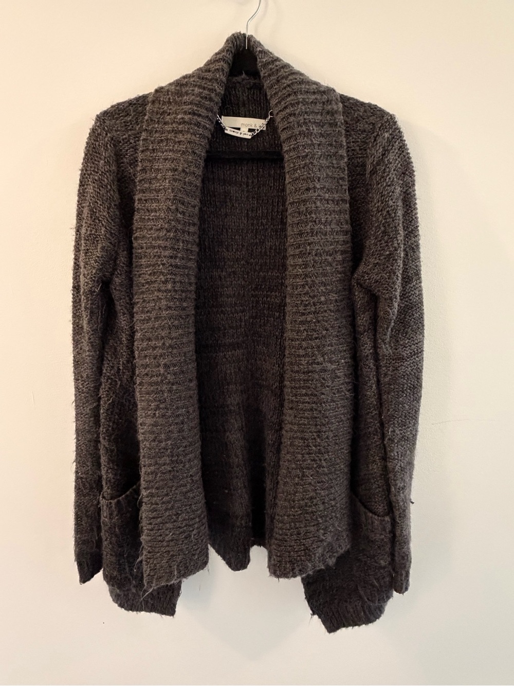 Open-Front Dark Gray Shawl Collar Cardigan Sweater